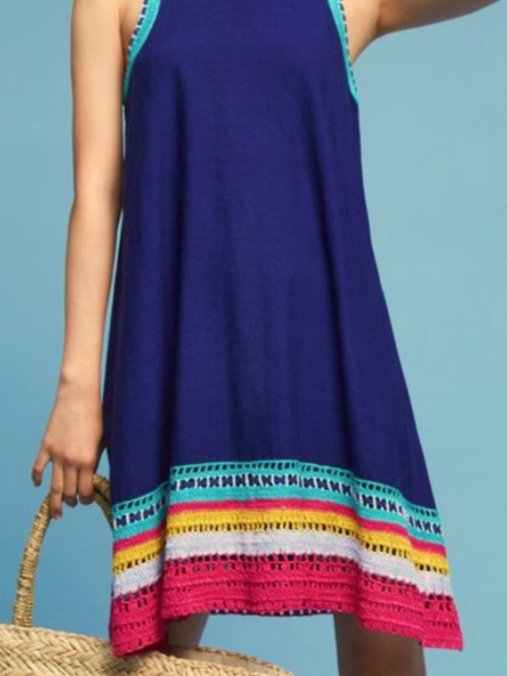 Anthropologie Royal Blue Tank Mini Dress with Multicolor Crochet Hem